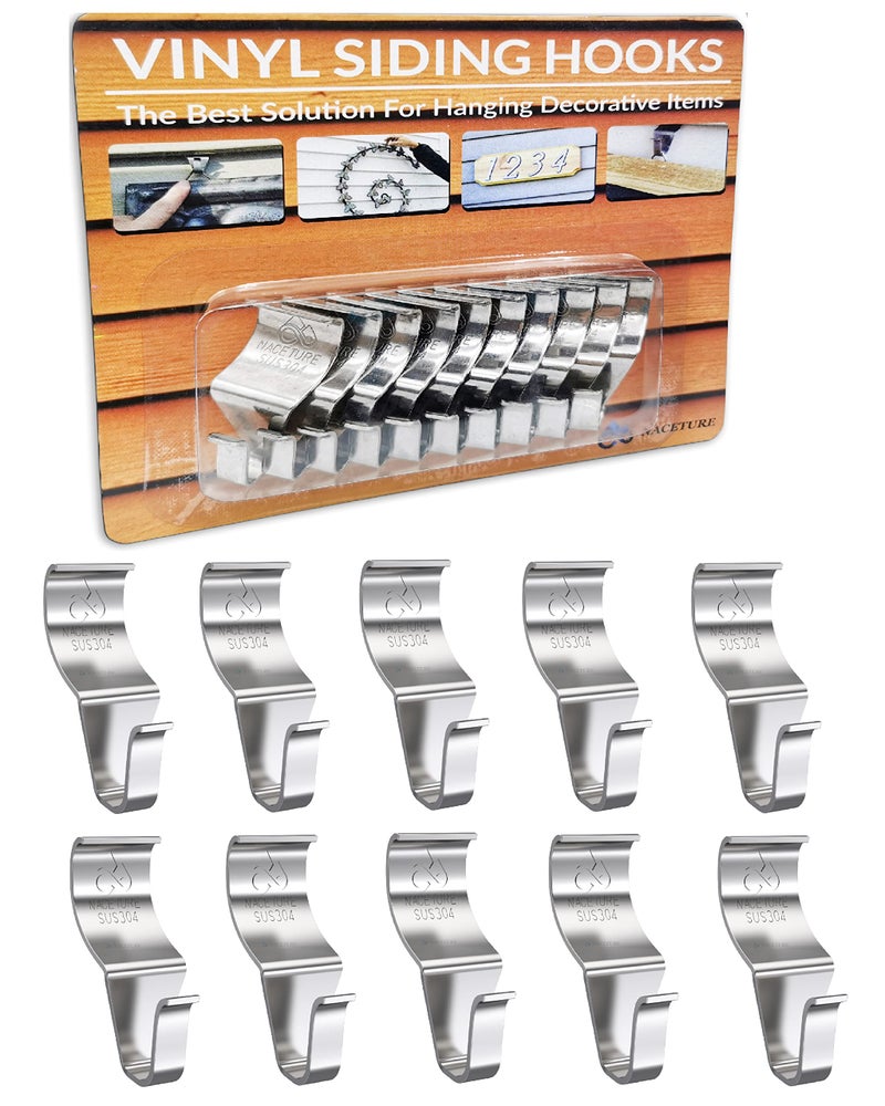 NACETURE Vinyl Siding Hooks Hanger (10 Pack) | No Drill Vinyl Hooks for Hanging Outdoor Decor, Sliver - Image 1